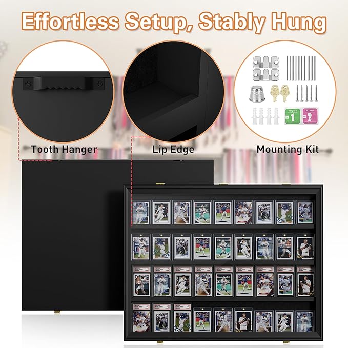 2 Pack Baseball Card Display Case, 36 Graded Card Display Frame Lockable, Trading Card Display with UV Protection Sports Card Display Case for Baseball Cards, Football Cards, Sports Cards
