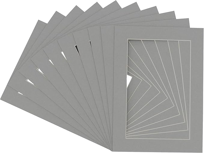 Pack of 25 Acid Free 8x10 Mats Bevel Cut for 5x8 Photos - Mid Grey Precut Matboards With Backing Boards and Clear Photo Mat Bags For Pictures, Photos, Framing - 4-ply Thickness