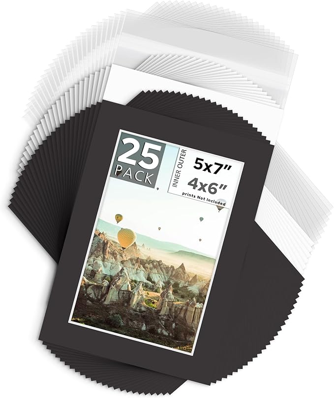 Mat Board Center, Pack of 25, 5x7 for 4x6 Black Mat Kit - Acid Free, 4-ply Thickness, White Core - Includes Backing Boards and Clear Bags - for Pictures, Photos, Framing
