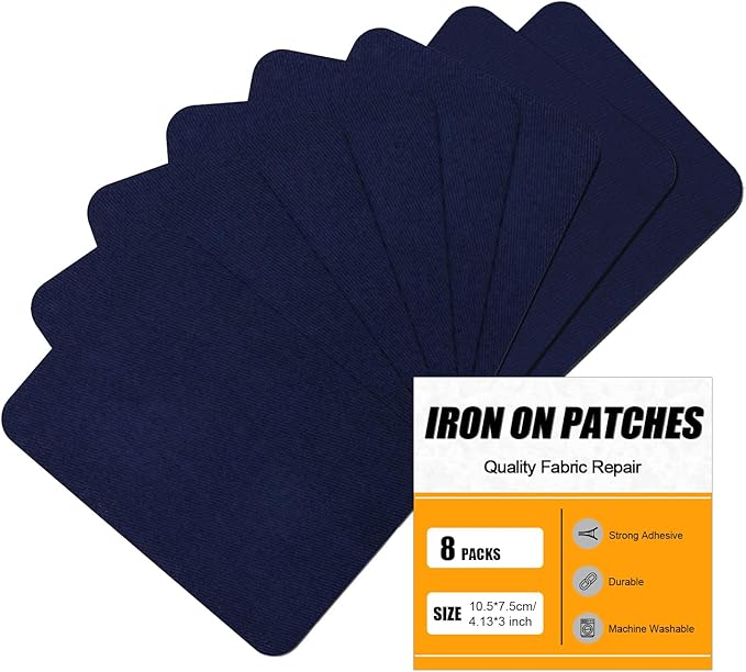 MOONSJONES Iron on Patches for Clothes Fabric Repair, 8 PCS Premium Strongest Glue Cotton Gear Reparing Patch for Holes Inside & Outside Pants, Jeans, Jacket, Hat, Canvas (7.5 cm x 10.5 cm-Blue)