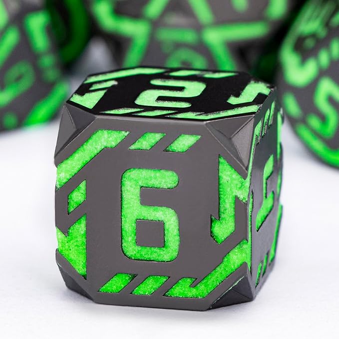 Metal DND Sci-fi Dice Set 7PCS Luminous Green Stripe Polyhedral Dice for Dungeons Dragons RPG Role Playing Game, Glitter D and D Dice with Gift Box D6 D8 D10 D12 D20