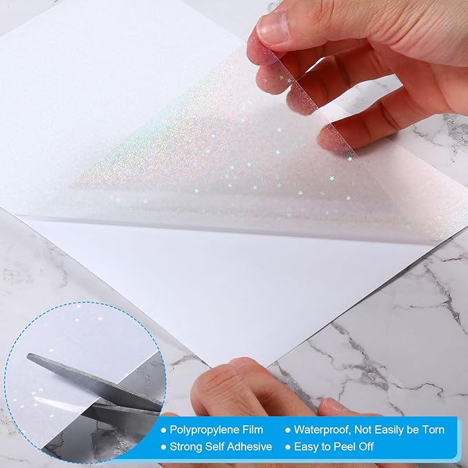 PATIKIL 11.7x8.3" Holographic Sticker Paper, 20Sheets A4 Polypropylene Self-Adhesive Transparent Waterproof Laminate Overlay Film for Photo Cards Scrapbook Decorations, Star