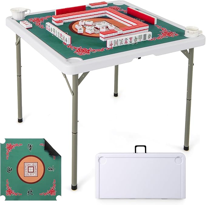Giantex Folding Mahjong Table, 35" Square Card Table with Cup Holders, Removable Noise Reduction Mat, HDPE Tabletop, 4-Player Portable Domino Tables for Poker Blackjack Board Game (Green)