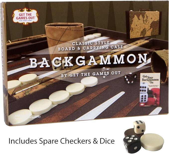 Get The Games Out Backgammon Set, Classic Board Game Case, 2 Players, Includes Strategy & Tip Guide, Perfect for Parties and Family Game Nights - Large, Map