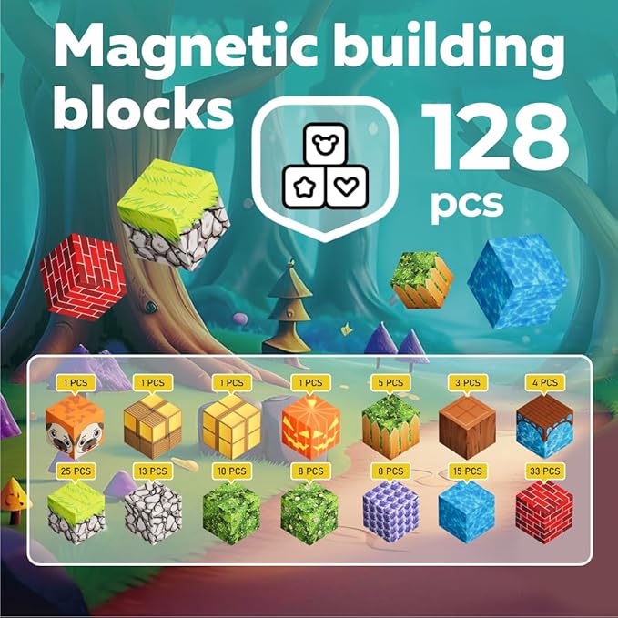Magnetic Blocks Cubes 128PCS - STEM Cube Building Blocks & Magnet Cubes, Fidget, Montessori for Kids Ages 3-5 & 5-7 & 8-12, Magnetic Kit Cubes, Construction Magnet Toys Blocks Birthday Gifts