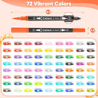 Caliart 72 Colors Double Tip Brush Pens Art Markers, Artist Fine & Brush Pen Coloring Markers for Adult Book Cards Drawing Craft Kit Teacher Office Supplies