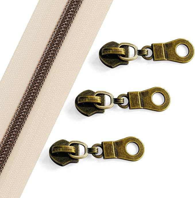 Sawoake 10 Yards Bulk Zipper(#5), Beige Nylon Coil Zipper with Antique Brass Teeth by The Yards, Replacement Sewing Zipper with 10PCS Zipper Sliders for DIY Sewing Craft Bags(#5 Antique Brass Beige)