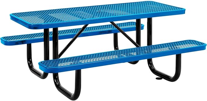Global Industrial 6’L Rectangular Picnic Table, Expanded Metal, Blue Thermoplastic Coating, Attached Benches, 1-1/2” Umbrella Pole Hole, Outdoor-Rated, 1000 lb Capacity, 72” x 30” Tabletop
