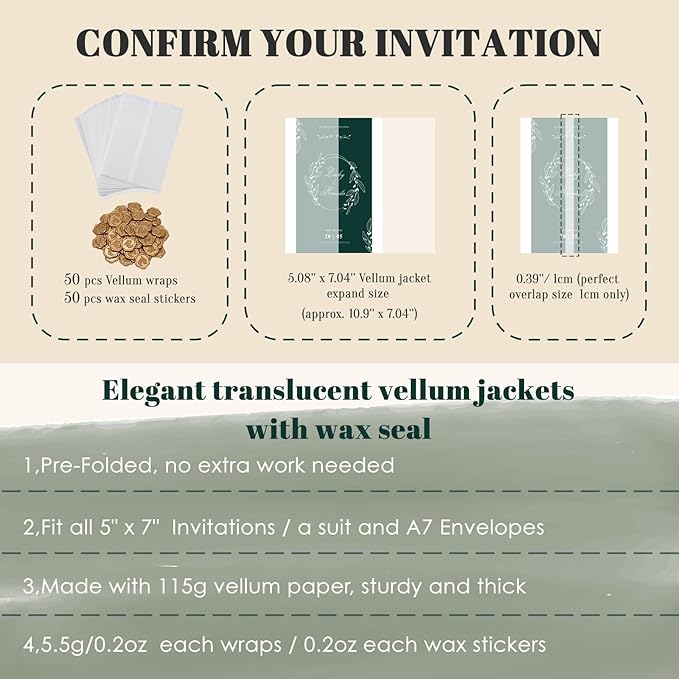 UNIQOOO 50 Sets Pre-Folded Vellum Jackets for 5x7 Invitation & Gold Eucalyptus Wax Seal Stickers, Wedding Invitations Wraps Bulk for Wedding Bridal Baby Shower Envelopes