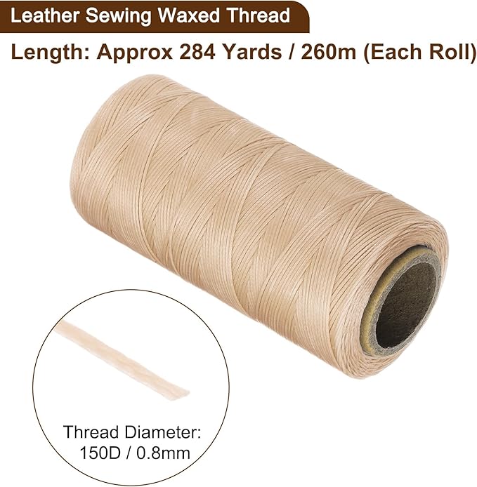 uxcell 150D 0.8mm Flat Waxed Thread 284 Yards Polyester Leather Sewing Waxed String Hand Stitching Waxed Cord for Leather Stitching Sewing Bookbinding DIY Craft Light Beige