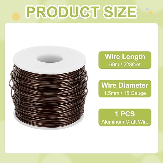MECCANIXITY 15 Gauge Anodized Aluminum Craft Wire Bendable Bonsai Training Wire 223 Feet 1.5mm for Sculpting Crafts Wreath Floral Beading Jewelry Making, Brown