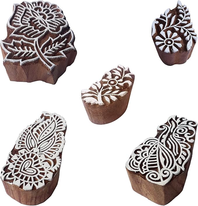 Royal Kraft Floral Wooden Printing Stamps (Set of 5) - DIY Henna Fabric Textile Paper Clay Pottery Blocks Htag2213