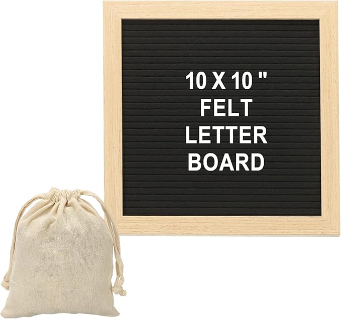 PATIKIL Felt Letter Board, 10x10Inches Black Wooden Changeable Message Board with Storage Bag Stand for Kitchen Menu Classroom Farmhouse Decor Notes, White Bronze Letter