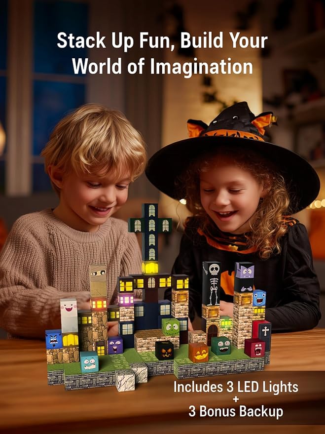 Magnetic Blocks -137PCS Lights Halloween Building Blocks,World Magnetic Tiles Kids Build Cubes 3+,STEM Toys for 3-5 4-8 5-7 Year Old Boys,Sensory Creative Activities Birthday Gift