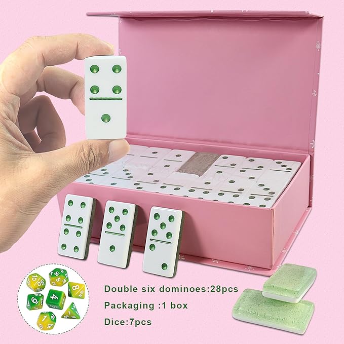 IDTQ Dominoes Set for Adults, Double 6 Dominos Game Set with 28 Domino Tiles Double with Upscale Gift Boxes -7 Polyhedral Dice -Classic Board Games (Light Green)