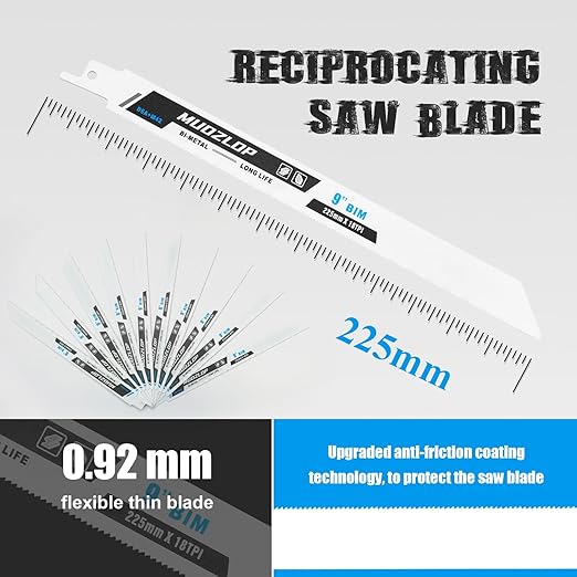 10 Pack 9 inch Reciprocating Saw Blades Set,18 TPI High Carbon Saw Blades, Metal Saw Blades with Organizer Case (10, 18TPI/225mm)