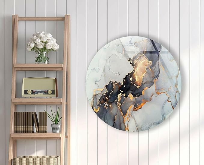 My Photostation.com 20''(50cm) Diameter Gold Details Gray Marble Round Glass Wall Art Tempered Glass Printing Wall Decor Large Wall Art Wall Hangings