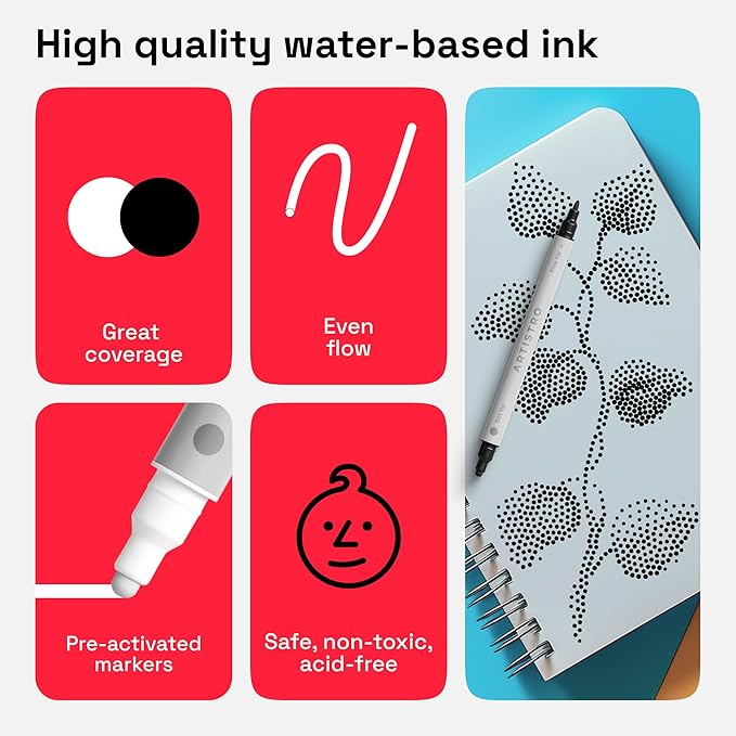 ARTISTRO 2 Black&White Dual-Tip Acrylic Paint Pens - Multisurface Markers for Glass, Rock, Fabric, Wood, Plastic & More - 5mm Dot + 1mm Fine Tips