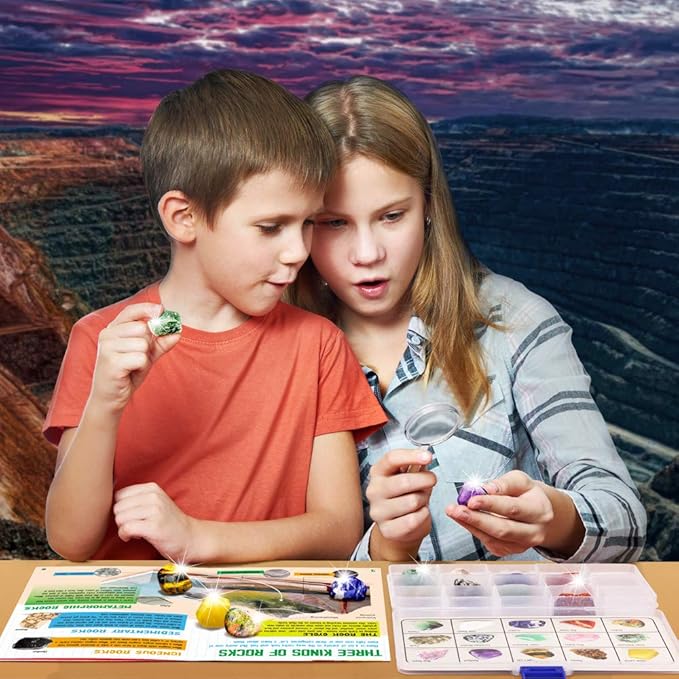 XXTOYS Rocks Collection - 15-Piece Rock Collections for Kids - Cool Geology Gem Kit with Identification Sheet - Gemstones Set Box with Learning Guide and Storage Case - Educational Gift for Kid