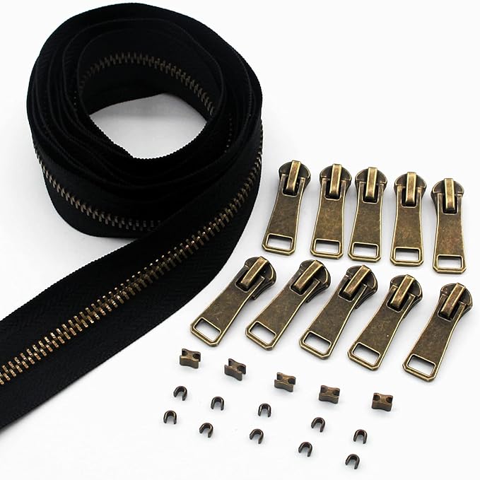#5 Antique Brass Metal Zippers by The Yard Bulk 2 Yards Black Tape with 10 pcs Sliders Handmade Zipper for Sewing Craft Bag Backpack, Wallets, Purses Leekayer