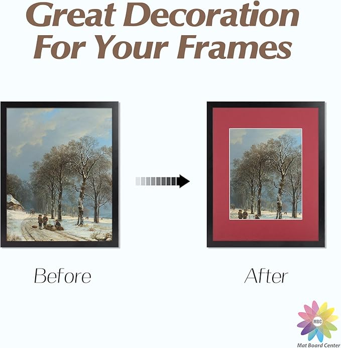 Mat Board Center, Pack of 10, 11x14 for 8x10 China Red Color Mats - Bevel Cut, Acid Free, 4-ply Thickness, White Core - for Pictures, Photos, Framing