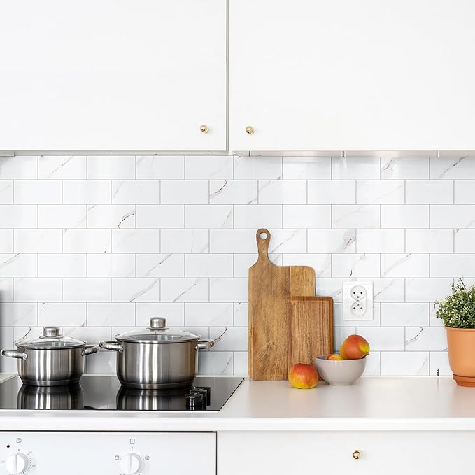4 Pieces Peel and Stick Backsplash for Kitchen, 3" x 6" PVC Subway Tile 2024 Upgraded Glossy White Marble with White Grout Backsplash Stick on Tile Elevate Kitchen Fireplace RV