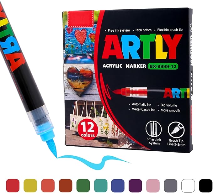 Acrylic Paint Markers, Acrylic Paint Pens, Fabric Markers for Textile, Rock, Glass, Wood, Paper, Ceramic, Canvas DIY Art Supplies Kit for Kids and Adults (12)