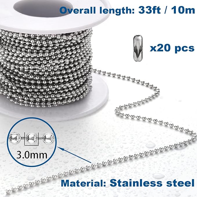 Jishi Steel Ball Chain Bead Dog Tag Chain Beaded Necklace Chains for Jewelry Making Bracelet Military Crafts, Silver Metal Pull Chain Small Ball Bead Chain Roll w/20 Connectors (Silver, 33ft 3.0mm)