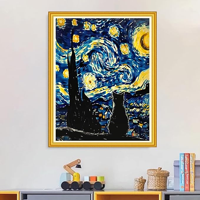 Magxvouy Cross Stitch Kits Stamped Full Range of Embroidery Kits,Cross Stitch Patterns Needlework Kits for Beginners 11CT Printed Kits&Van Gogh Starry Cat 16x20 inch