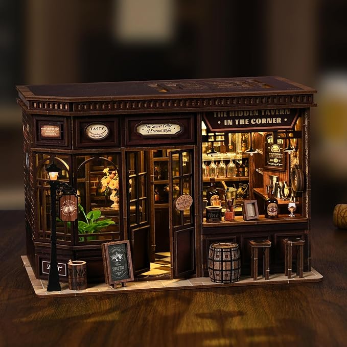 ISSEVE Book Nook Kit - DIY Miniature House Kit for Adults, Teens and Beginners, Corner Tavern Dollhouse Booknook Tiny House Bookshelf Decor 3D Wooden Puzzle, Gifts for Friends Family (Corner Tavern)