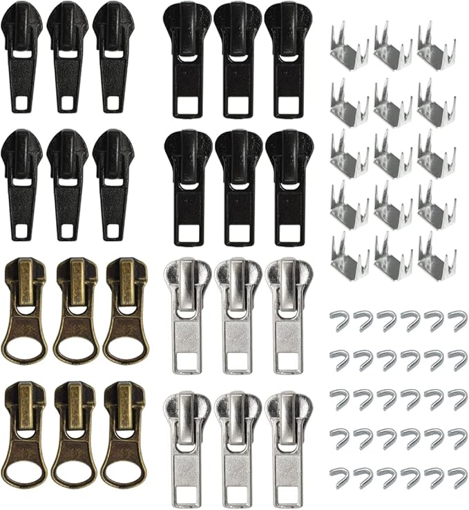 24 Pcs #5#7 Zipper Sliders Replacement Zipper Pull Repair Kit Includes Top and Bottom Stoppers for Clothing Bags Purses Luggage Metal Plastic Nylon Coil Jacket Zippers Supplies