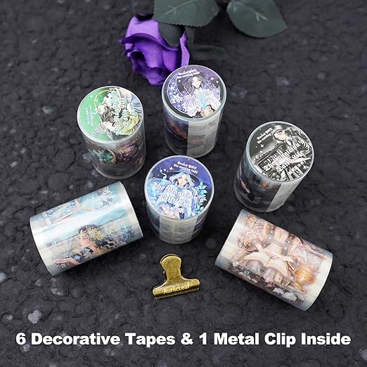 Magic-Themed PET Sticker Tape Set – 6 Rolls Pre-Cut Fantasy Witch Designs, Adhesive, with Clip for Scrapbook, Journal and DIY Decoration