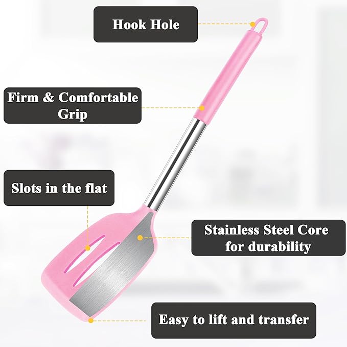 Silicone Spatula Spoon Set, 4 PCS Silicone Cooking Utensils Spatula Spoon Set with Stainless Steel Handle, BPA Free Kitchen Turners for Frying, Mixing, Serving, Draining, Turning, Stirring, Pink