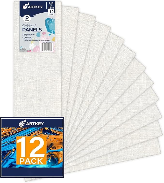 Artkey Canvas Panels 4x12 Inch 12-Pack, 10 oz Primed 100% Cotton White Blank Canvases for Painting, Long Flat Canvas Boards for Oil Acrylics Watercolor & Tempera Paints