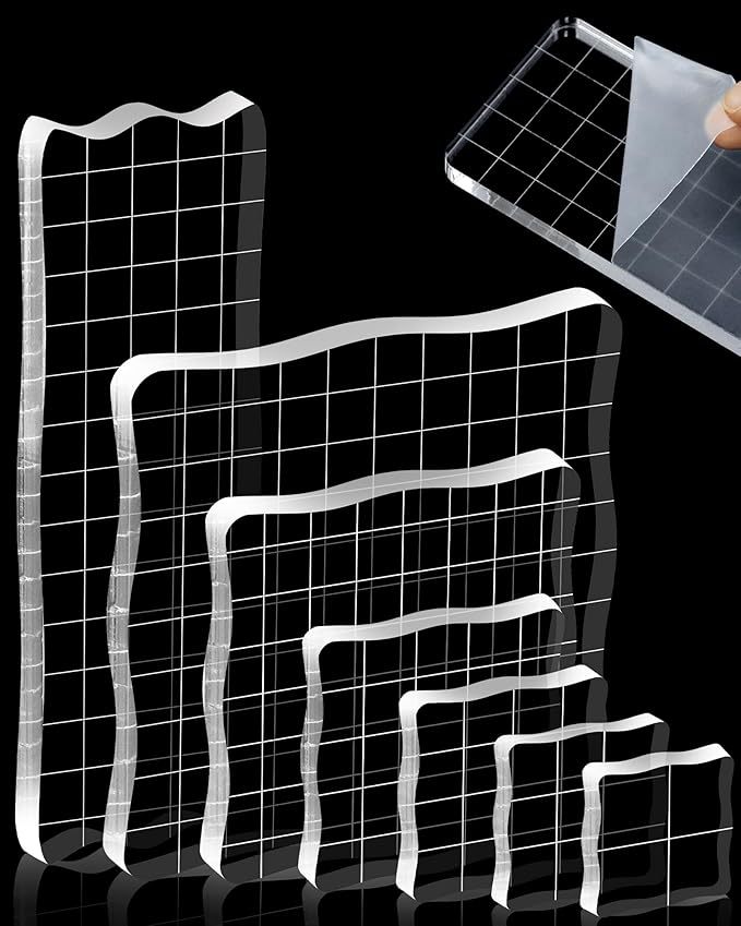 7 Pieces FIVEIZERO Acrylic Stamp Block, Assorted Sizes Clear Stamping Blocks Tools with Grid Lines for Scrapbooking Crafts Card Making and Decorative DIY Essential Stamping Tool(Lace Edge)