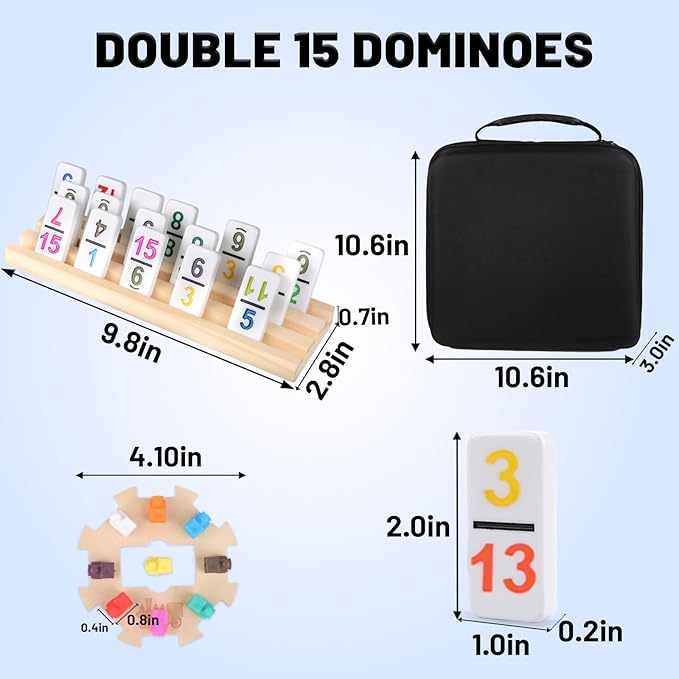 Mexican Train Dominoes Double 15 with 8 Wooden Holders | 136 Colorful Number Dominos Tiles for Adults, Travel Board Game for Family Nights, Cognitive Strategy Games for 2-8 Players