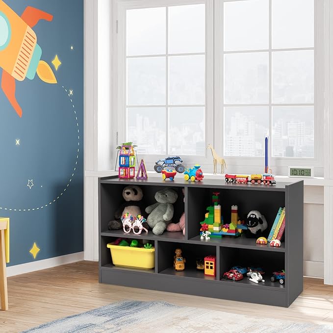 Tangkula 5 Cube Bookcase, 2 Tier Wooden Storage Open Bookshelf, Multipurpose Display Storage Cabinet for Living Room, Bedroom, Hallway, Kid's Playroom, Reading Nook (Grey)