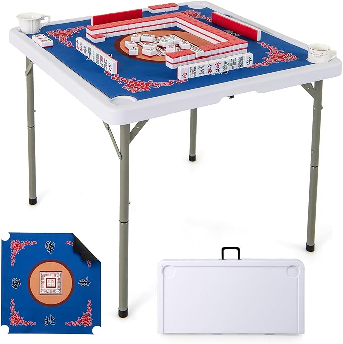 Giantex Folding Mahjong Table, 35" Square Card Table with Cup Holders, Removable Noise Reduction Mat, HDPE Tabletop, 4-Player Portable Domino Tables for Poker Blackjack Board Game (Navy)