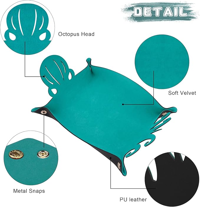 SIQUK 2 Pieces Octopus Dice Rolling Tray PU Leather Dice Mat Folding Scroll Dices Holder Trays for D&D RPG Games (Cyan, Black)