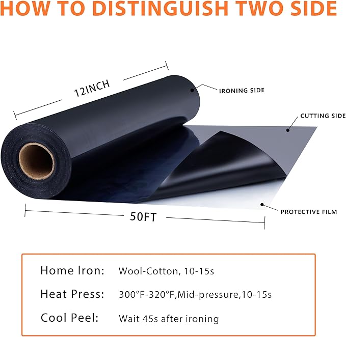 RENLITONG Black Iron on Vinyl 12Inch by 50ft Roll HTV Heat Transfer Vinyl for T-Shirt HTV Rolls for All Cutter Machine - Easy to Cut & Weed for Heat Transfer Design