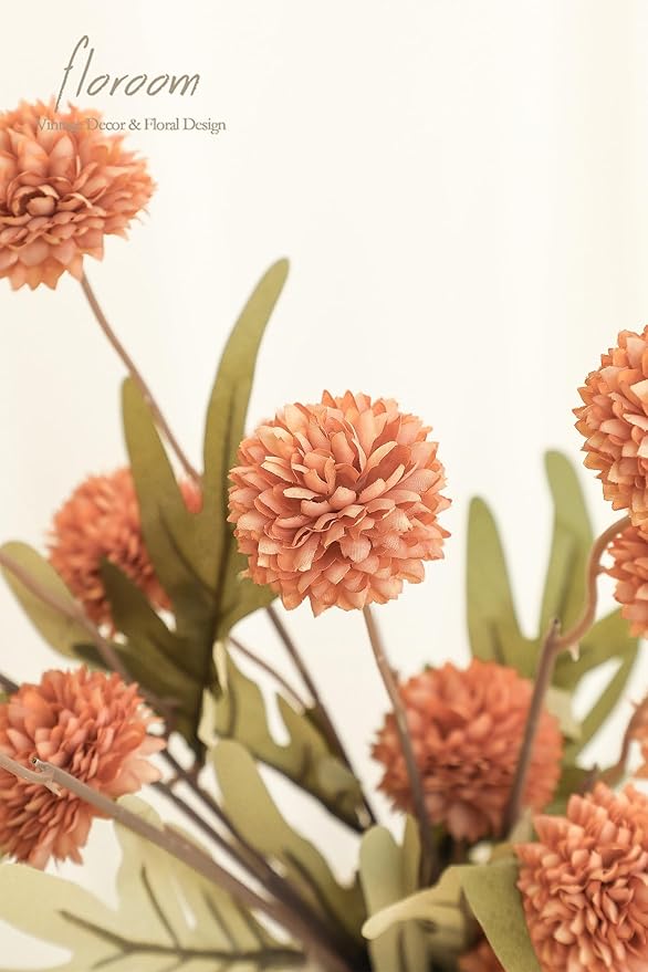 Floroom 5pcs Burnt Orange Faux Silk Mums Artificial Flowers, Bulk Fake Small Mini Chrysanthemums with Stems for DIY Terracotta Wedding Centerpieces Floral Arrangements Vase Fillers Home Decorations