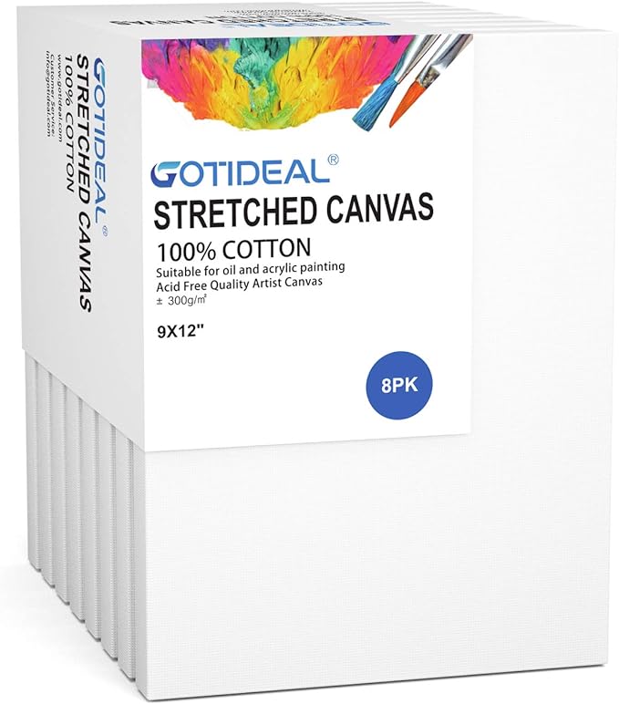 GOTIDEAL Stretched Canvas, 9x12 Inch Set of 8, Primed White - 100% Cotton Artist Canvas Boards for Painting, Acrylic Pouring, Oil Paint Dry & Wet Art Media