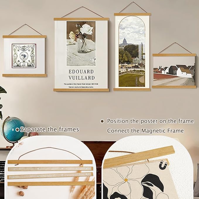 Artmag Magnetic Poster Hanger Frame, 25x20 25x35 25x40 Light Wood Wooden Magnet Canvas Artwork Print Poster Hangers Frames Hanging Kit (Teak Wood, 25")
