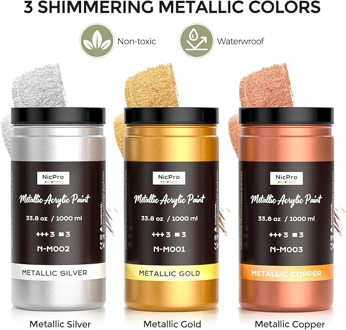 Nicpro Large Acrylic Paint Metallic, 3 Colors Gold, Silver, Copper 101.4oz/3000ml Gold Leaf Paint, Non Toxic, Non Fading for Art Painting, Handcrafts, Multi-surface, Canvas, Wood, Clay Metal Furniture