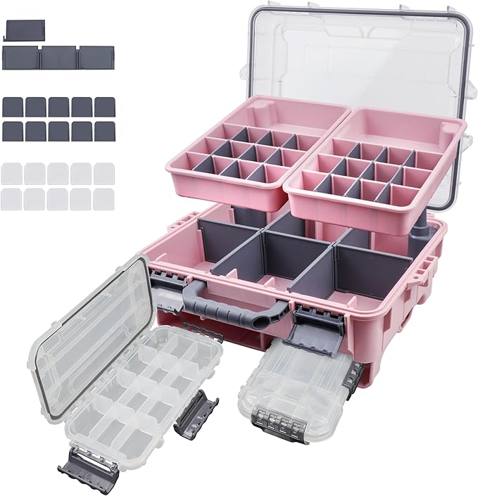 RUNCL Universal Fishing Tackle Box with Two Small Tackle Tray, Removal Inside Design Waterproof Trunk Storage Box, Thicker Floating Airtight Stowaway, Xmas Surprise Fishing Gifts for Men Women