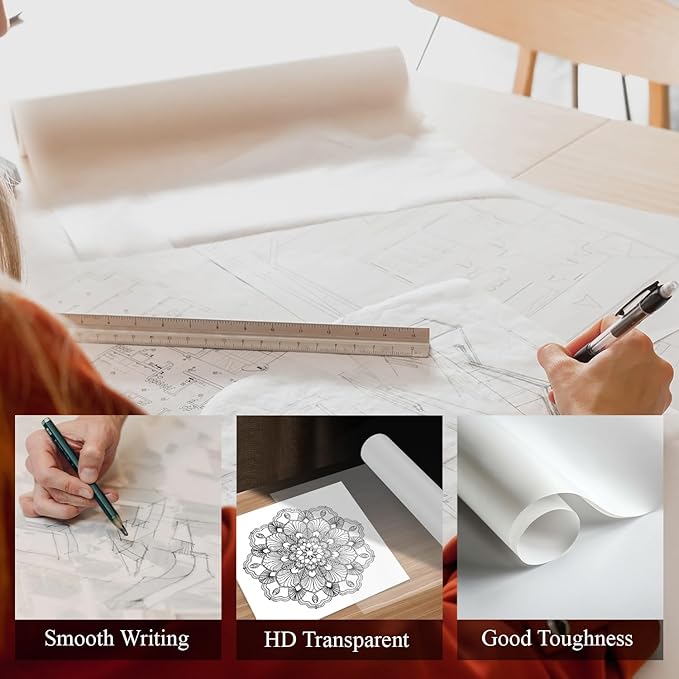SuFly Tracing Paper Roll, 12 Inch x 50 Yards Trace Paper Roll, 32 lb White Art Paper Translucent Pattern Paper for Sewing, Drawing, Sketching, and Gift Wrapping.