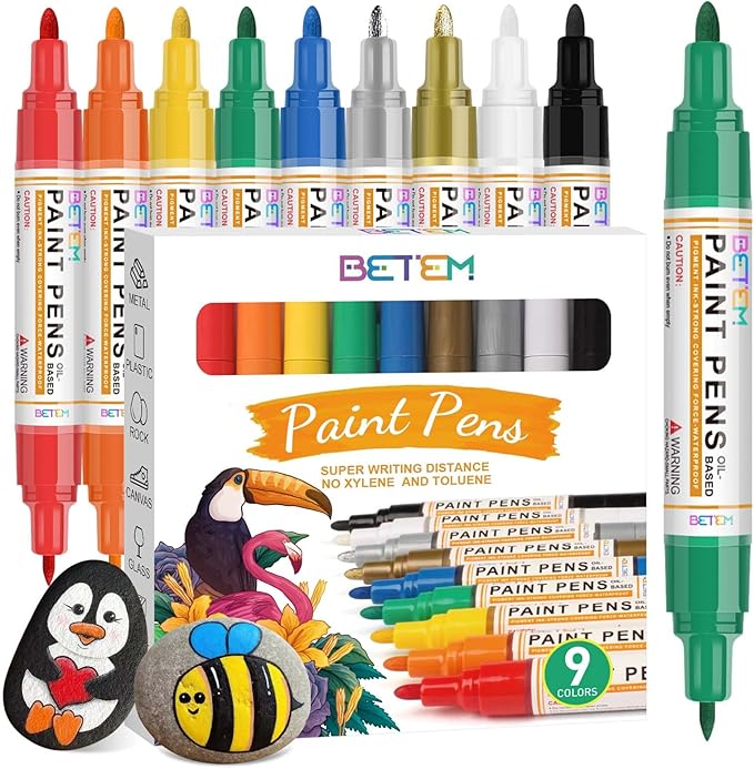 Betem 9 Colors Dual Tip Oil Based Paint Markers Acrylic Paint Pens(0.7mm & 3mm),Permanent,Waterproof,Quick Dry,for Rock Painting,Wood,Plastic,Metal,Canvas,Glass,DIY Crafts,Art Supplies