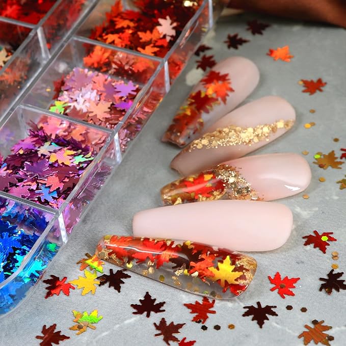 Thanksgiving Glitters Nails Sequins Fall Nail Glitter Sequins Autumn Maple Leaf Flakes Design Nails Charms Holographic Mixed Color 3D Confetti Maple Leaves Nails Glitter for Women