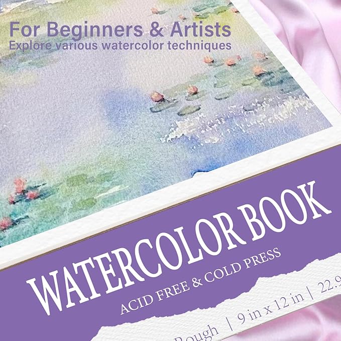 KIWIHUB Watercolor Paper Pad, 9 x 12 in, 100% Cotton, 140lb Medium Rough Artist Painting Drawing Paper Book, Art Supplies for Adults Kids, Watercolors