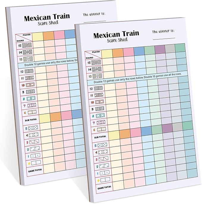 2 Pack 120 Sheets Mexican Train Score Pads Colorful Chicken Foot Dominoes Game Scorepad Adult Mexican Train Score Sheet Scoreboard Paper Record Clearly for Family Game (8 x 5.5 Inches)